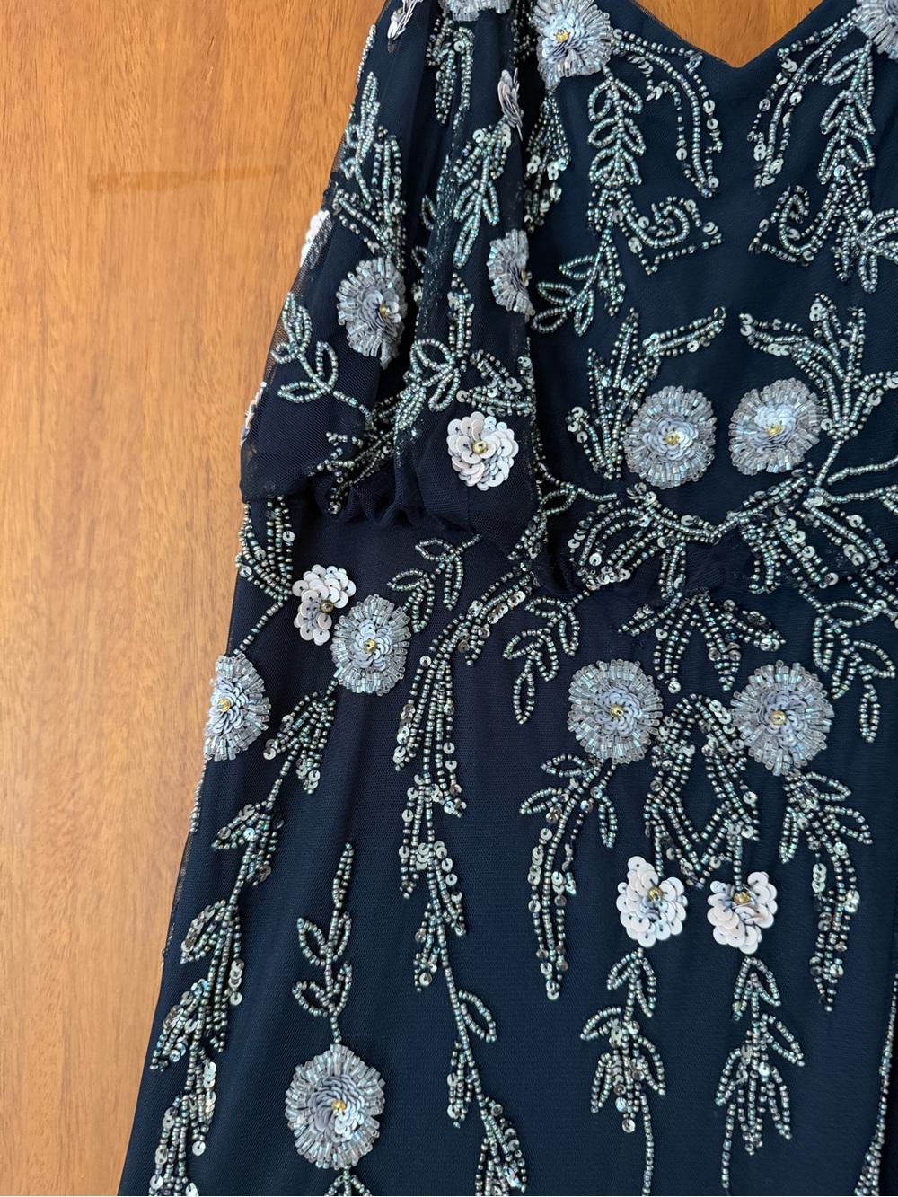 Adrianna Papell Navy Maxi Dress with Silver & Light Pink Floral Embroidery - Picture 4 of 6